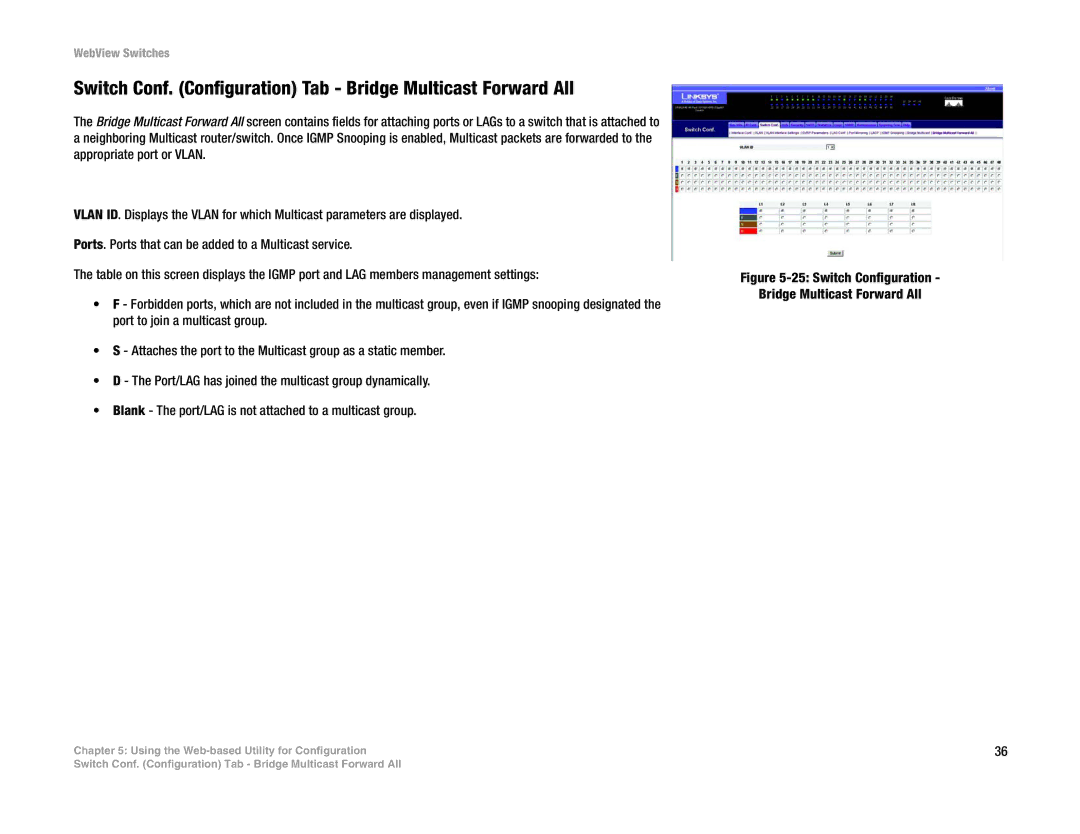 Linksys SRW224G4, SRW248G4, SRW2048, SRW2016 manual Switch Conf. Configuration Tab Bridge Multicast Forward All 