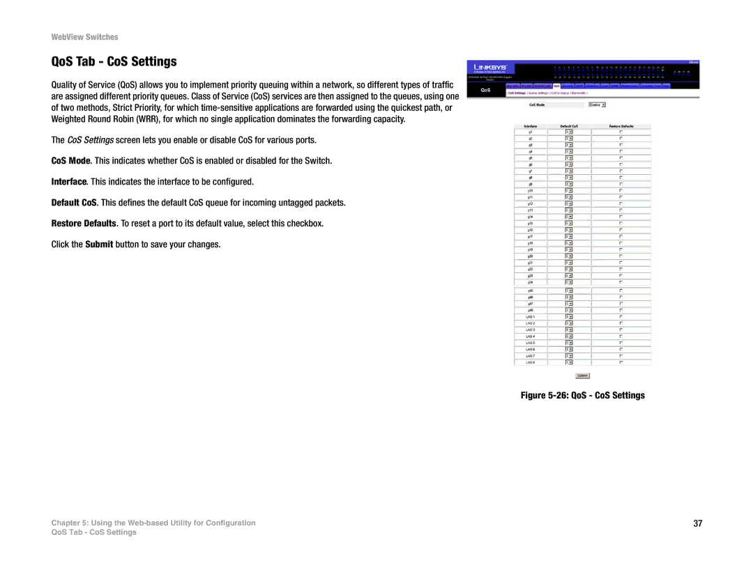 Linksys SRW2016, SRW248G4, SRW2048, SRW224G4 manual QoS Tab CoS Settings, QoS CoS Settings 