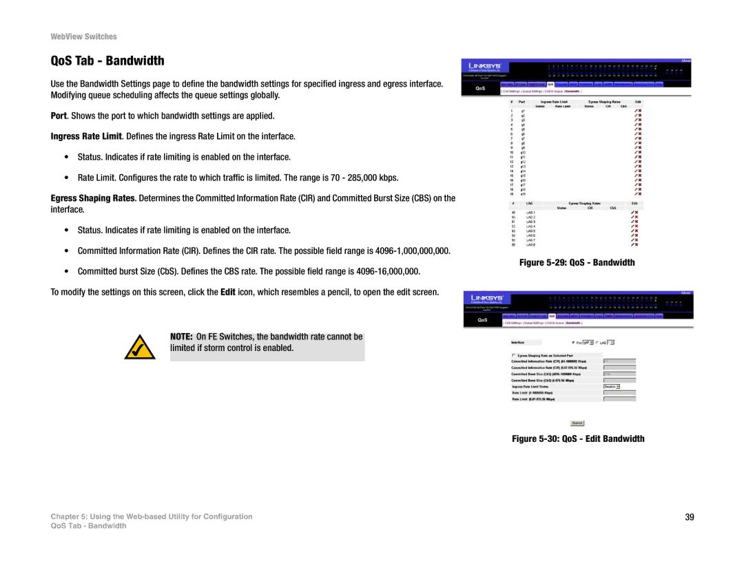 Linksys SRW2048, SRW248G4, SRW224G4, SRW2016 manual QoS Tab Bandwidth, QoS Edit Bandwidth 