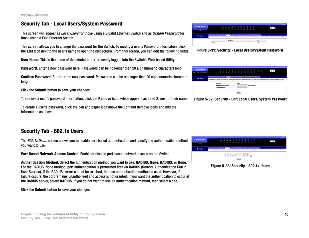 Linksys SRW224G4, SRW248G4, SRW2048, SRW2016 manual Security Tab Local Users/System Password, Security Tab 802.1x Users 