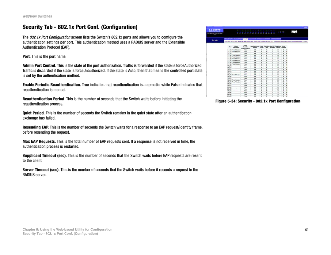 Linksys SRW2016, SRW248G4, SRW2048 manual Security Tab 802.1x Port Conf. Configuration, Is set by the authentication method 