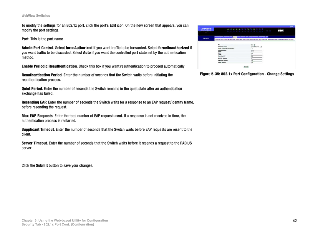 Linksys SRW248G4, SRW2048, SRW224G4, SRW2016 manual 35 802.1x Port Configuration Change Settings 