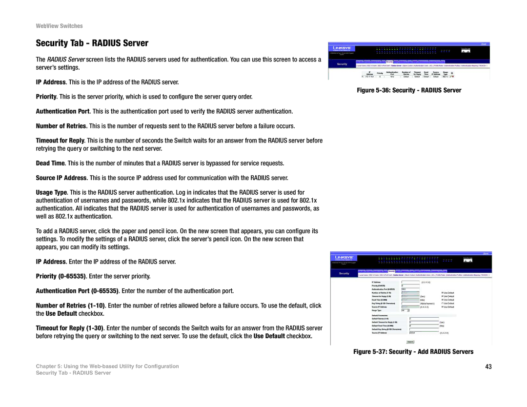 Linksys SRW2048, SRW248G4, SRW224G4, SRW2016 manual Security Tab Radius Server, Security Radius Server 