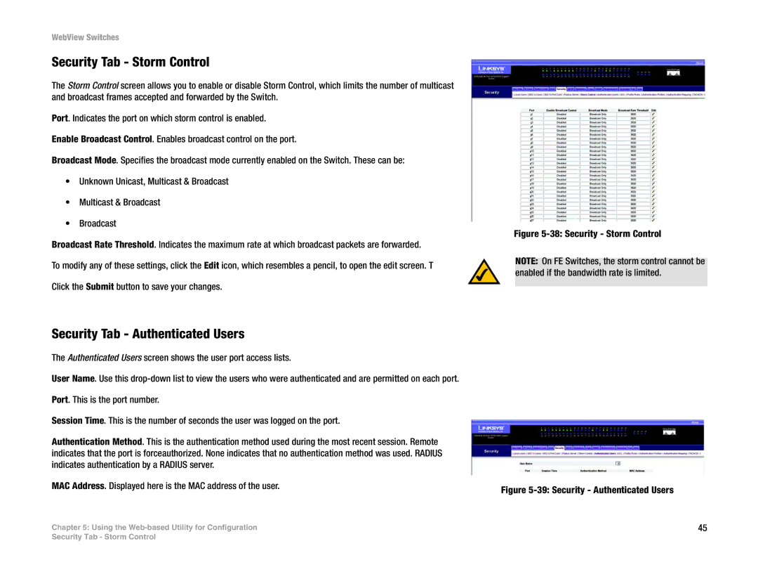 Linksys SRW2016, SRW248G4, SRW2048, SRW224G4 manual Security Tab Storm Control, Security Tab Authenticated Users 