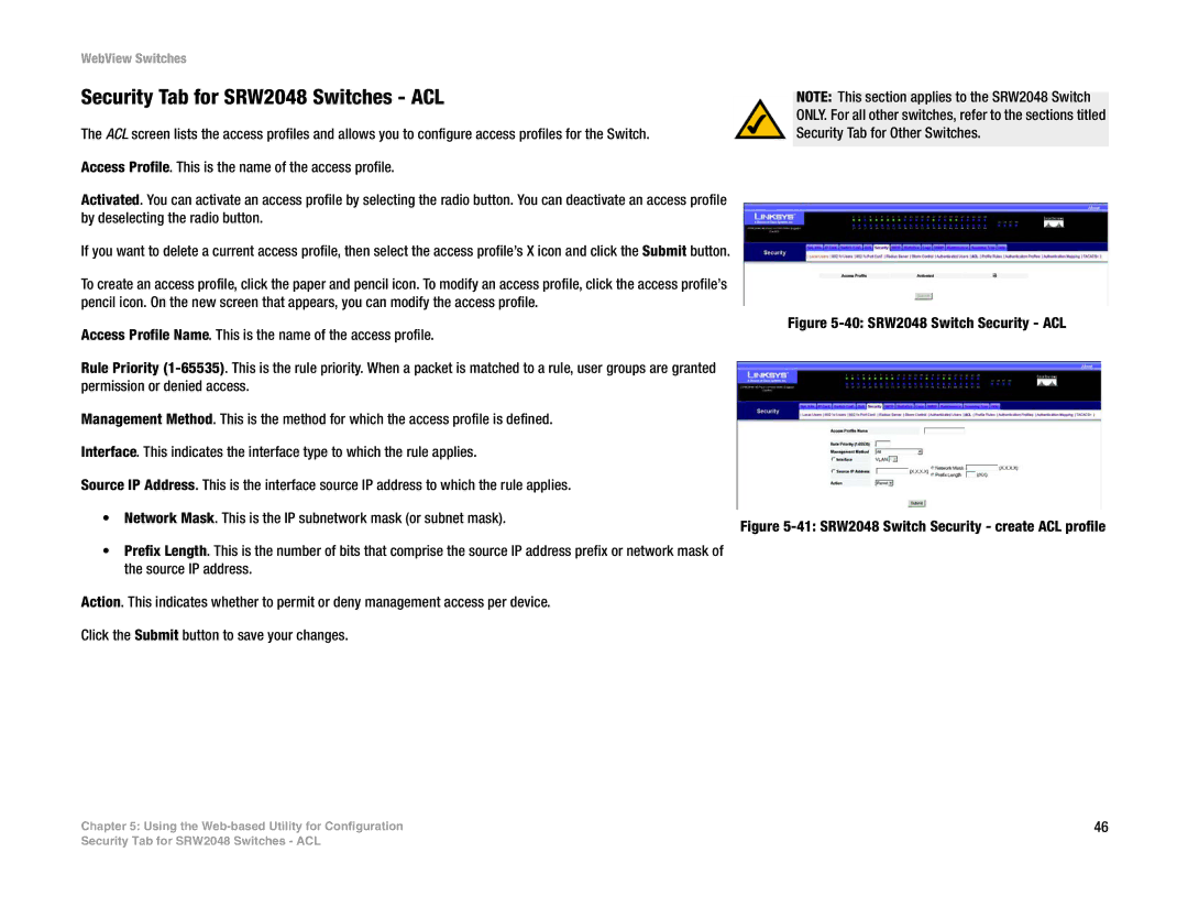 Linksys SRW248G4, SRW224G4, SRW2016 manual Security Tab for SRW2048 Switches ACL, 40 SRW2048 Switch Security ACL 