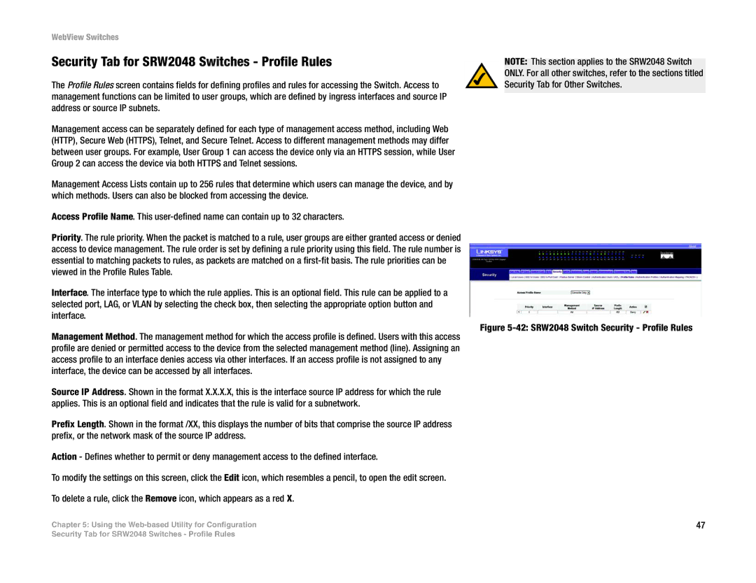 Linksys SRW248G4, SRW224G4 Security Tab for SRW2048 Switches Profile Rules, 42 SRW2048 Switch Security Profile Rules 