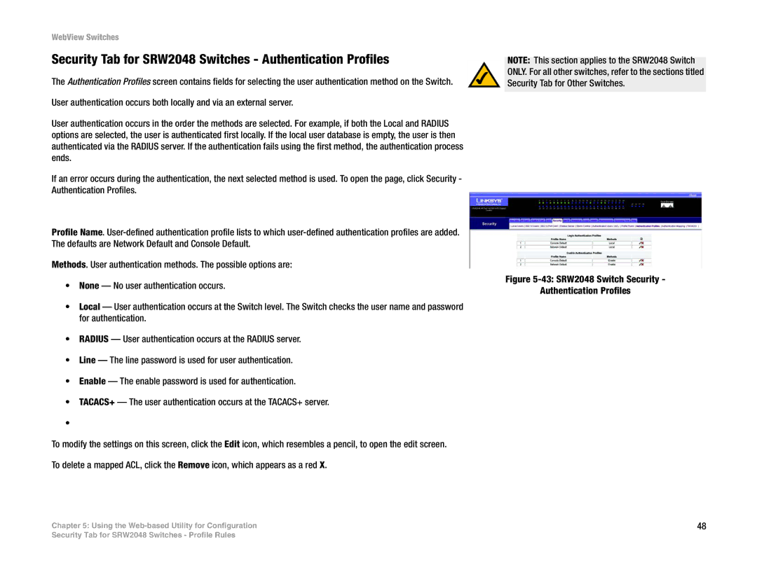 Linksys SRW224G4, SRW248G4, SRW2016 manual Security Tab for SRW2048 Switches Authentication Profiles 