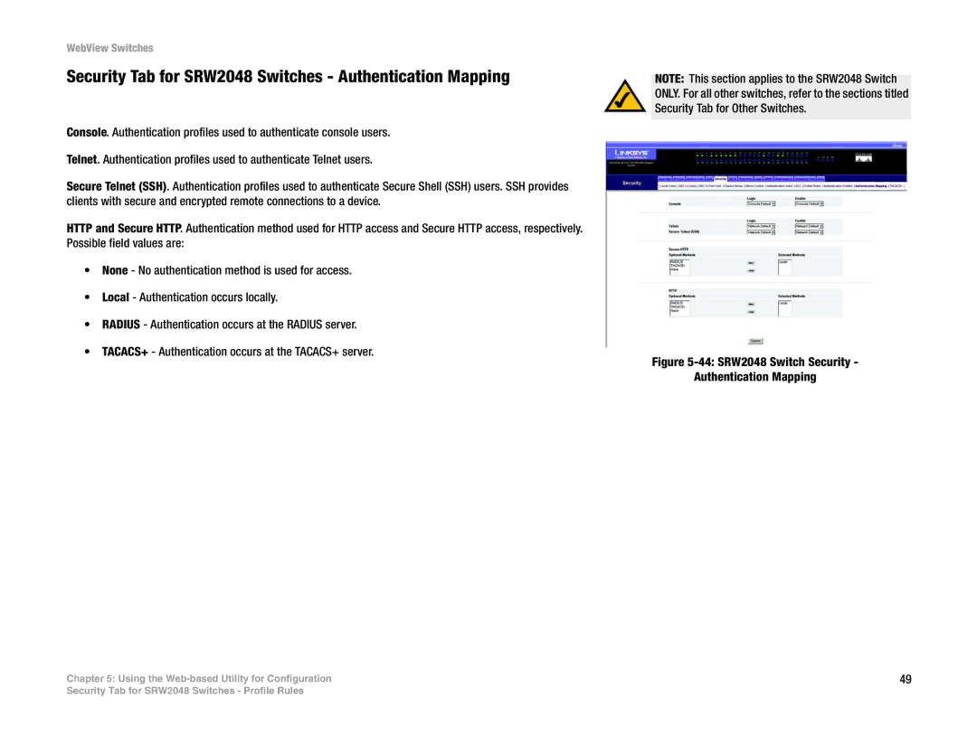 Linksys SRW2016, SRW248G4, SRW224G4 manual Security Tab for SRW2048 Switches Authentication Mapping 