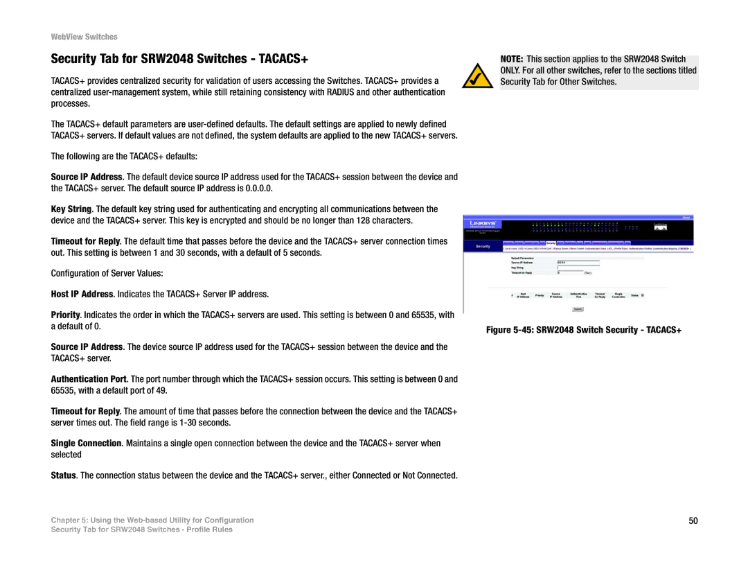 Linksys SRW248G4, SRW224G4, SRW2016 manual Security Tab for SRW2048 Switches TACACS+, 45 SRW2048 Switch Security TACACS+ 