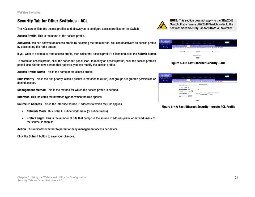 Linksys SRW2048, SRW248G4, SRW224G4, SRW2016 manual Security Tab for Other Switches ACL, Fast Ethernet Security ACL 