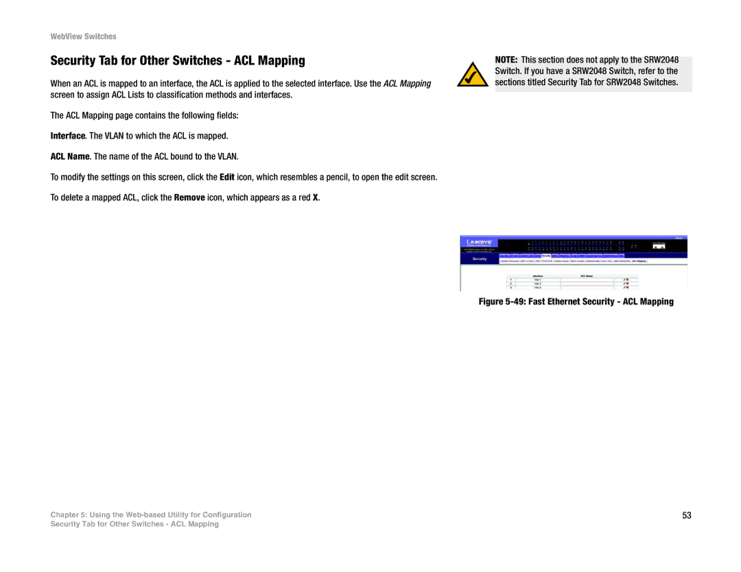 Linksys SRW2016, SRW248G4, SRW2048, SRW224G4 Security Tab for Other Switches ACL Mapping, Fast Ethernet Security ACL Mapping 