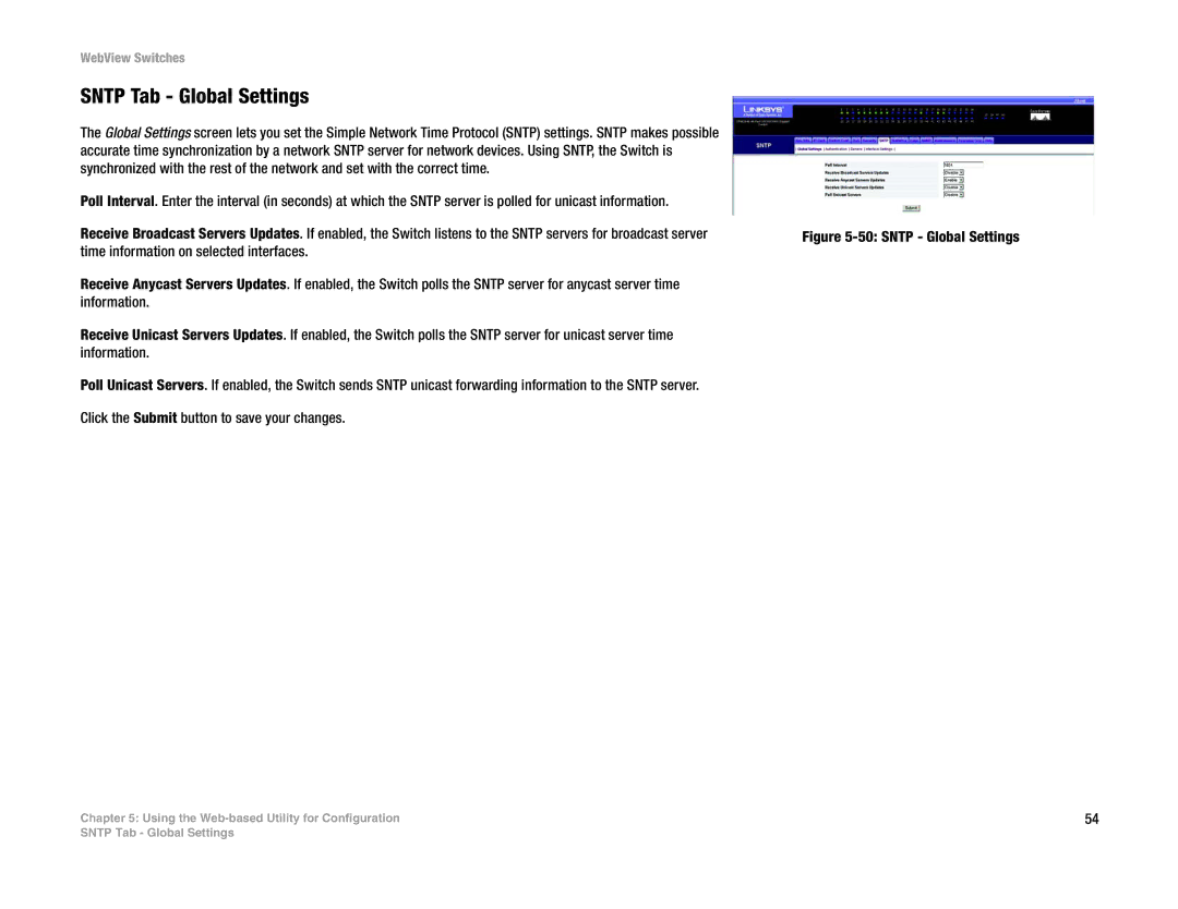 Linksys SRW248G4, SRW2048, SRW224G4, SRW2016 manual Sntp Tab Global Settings, Sntp Global Settings 