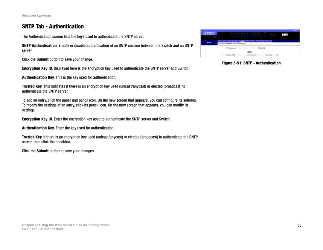 Linksys SRW2048, SRW248G4, SRW224G4, SRW2016 manual Sntp Tab Authentication, Sntp Authentication 