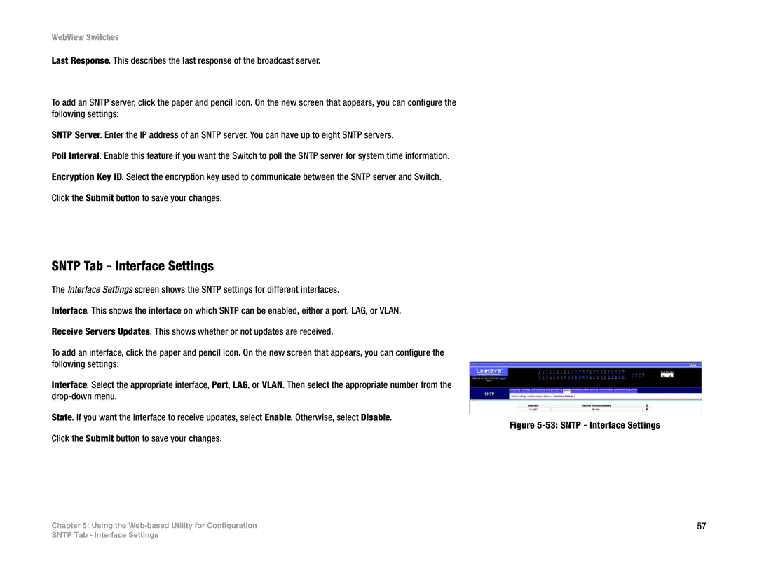 Linksys SRW2016, SRW248G4, SRW2048, SRW224G4 manual Sntp Tab Interface Settings, Sntp Interface Settings 