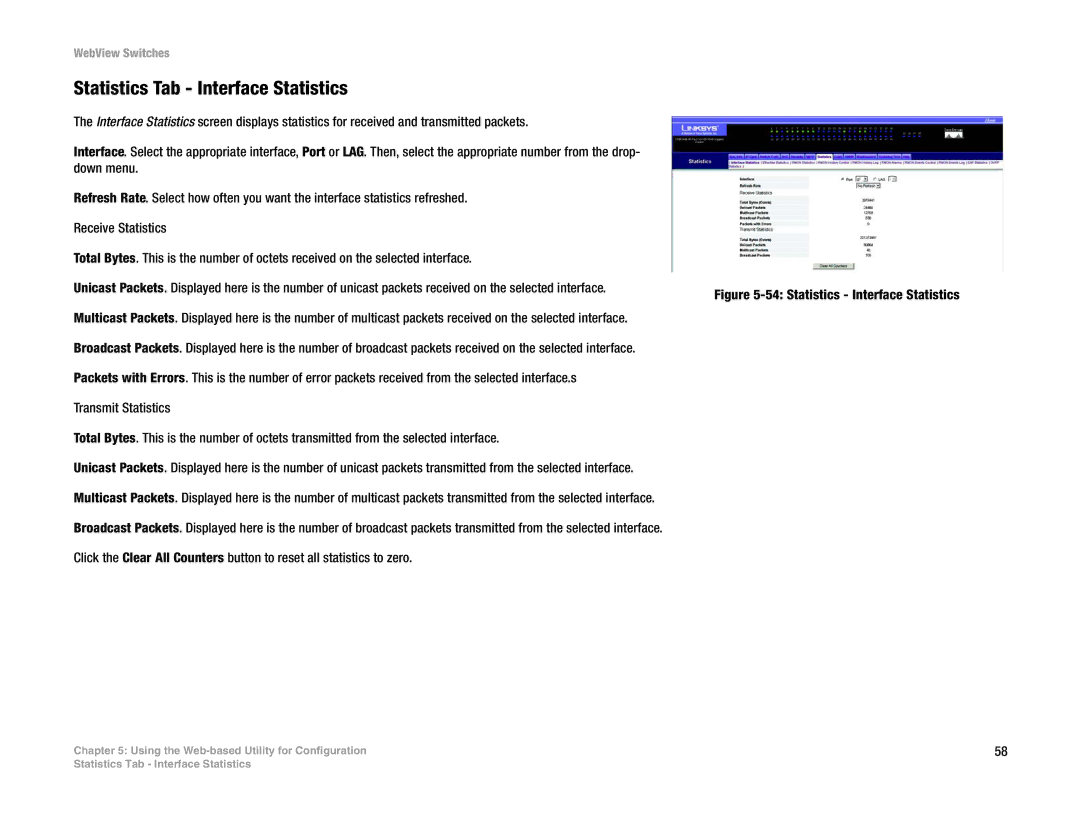 Linksys SRW248G4, SRW2048, SRW224G4, SRW2016 manual Statistics Tab Interface Statistics 