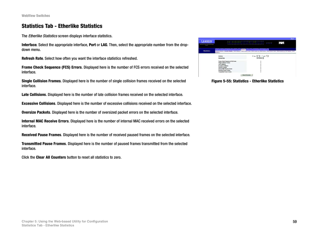 Linksys SRW2048, SRW248G4, SRW224G4, SRW2016 manual Statistics Tab Etherlike Statistics 