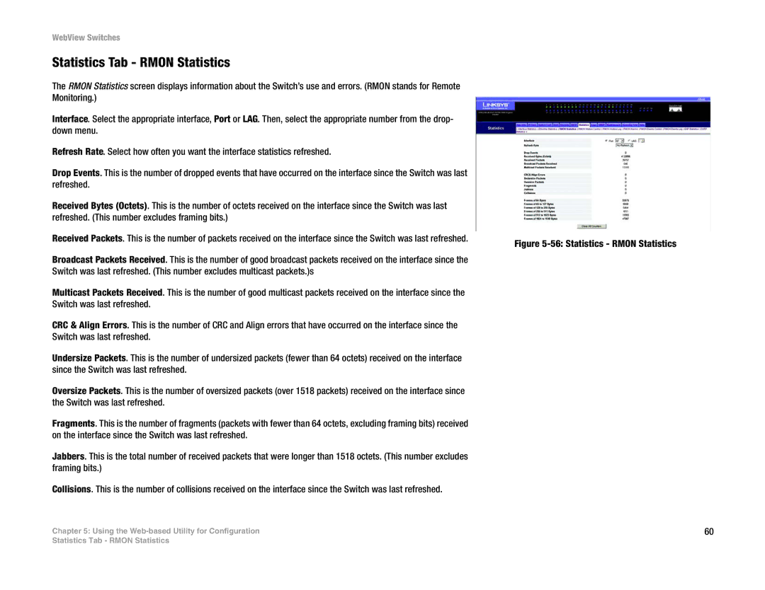 Linksys SRW224G4, SRW248G4, SRW2048, SRW2016 manual Statistics Tab Rmon Statistics, Statistics Rmon Statistics 