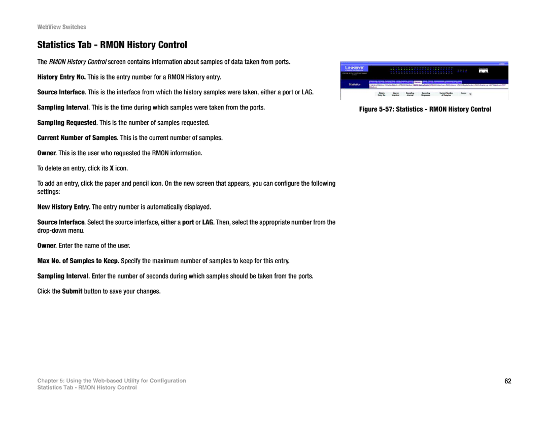 Linksys SRW248G4, SRW2048, SRW224G4, SRW2016 manual Statistics Tab Rmon History Control 