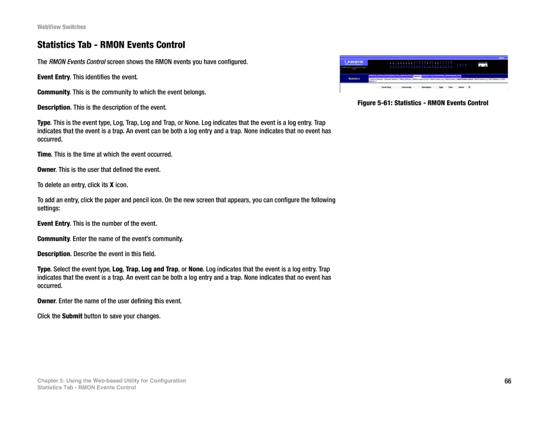 Linksys SRW248G4, SRW2048, SRW224G4, SRW2016 manual Statistics Tab Rmon Events Control, Statistics Rmon Events Control 