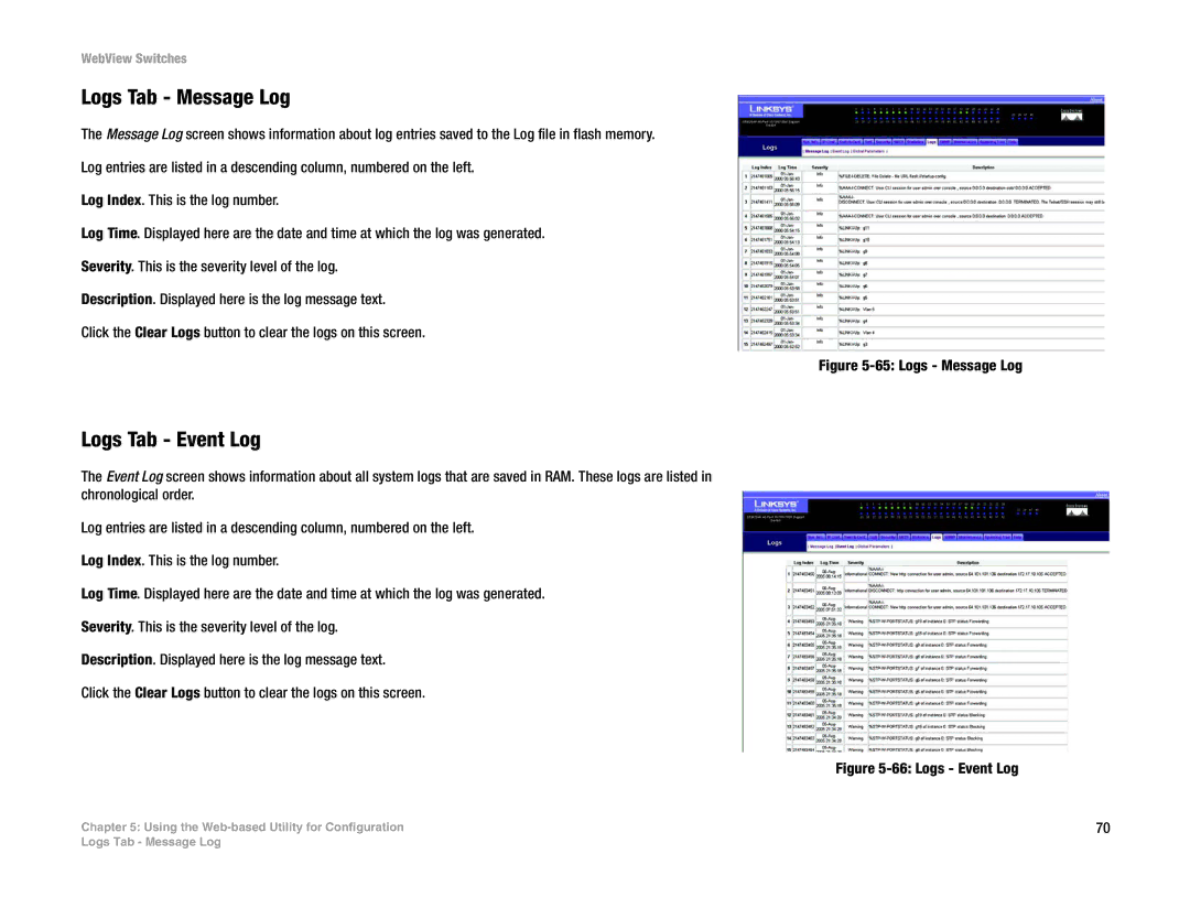 Linksys SRW248G4, SRW2048, SRW224G4, SRW2016 manual Logs Tab Message Log, Logs Tab Event Log 