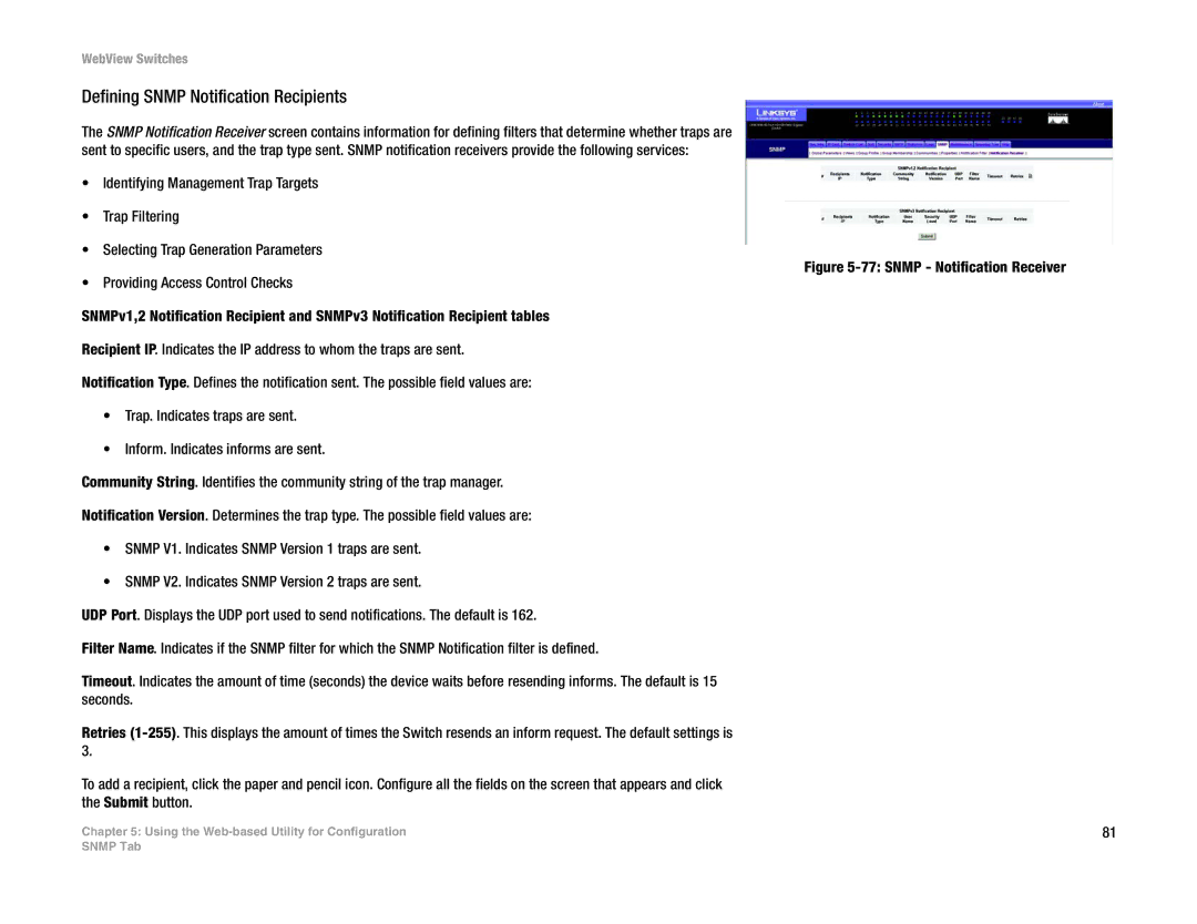 Linksys SRW2016, SRW248G4, SRW2048, SRW224G4 manual Defining Snmp Notification Recipients, Snmp Notification Receiver 