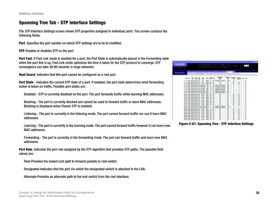 Linksys SRW224G4, SRW248G4, SRW2048, SRW2016 manual Spanning Tree Tab STP Interface Settings, MAC addresses 