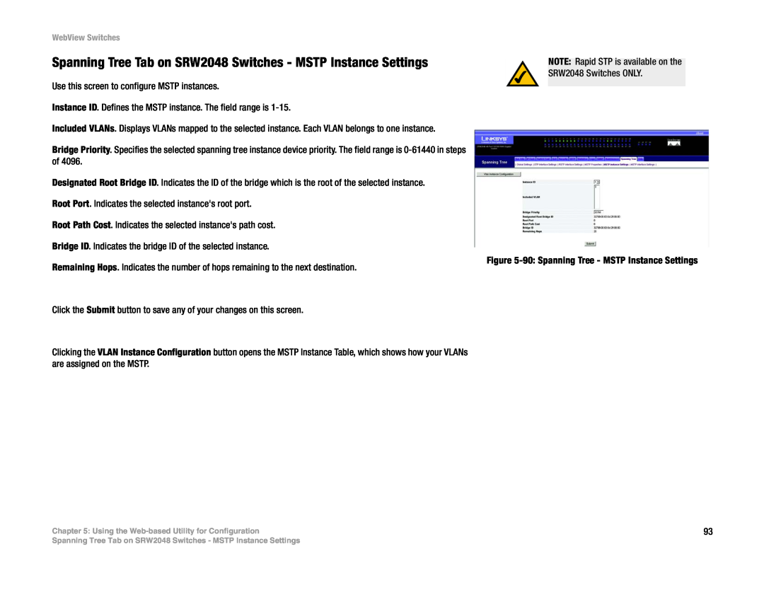 Linksys SRW2016, SRW248G4, SRW224G4 manual Spanning Tree Tab on SRW2048 Switches - MSTP Instance Settings 