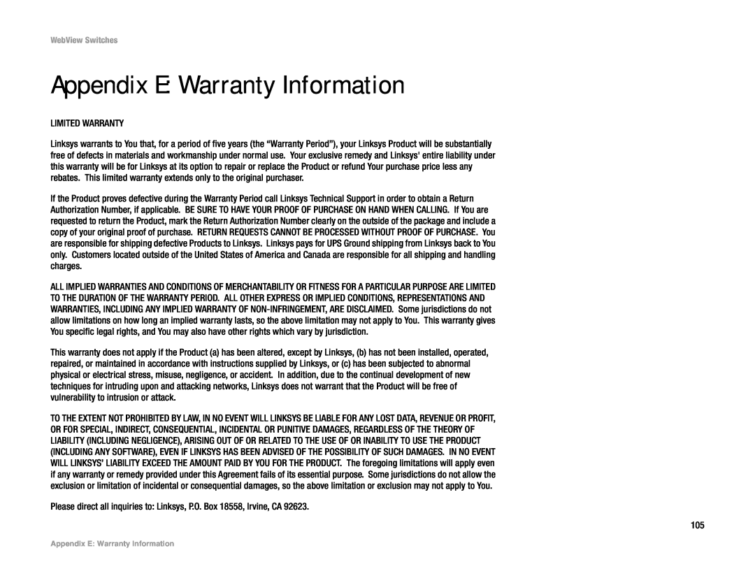 Linksys SRW2016, SRW248G4, SRW2048, SRW224G4 manual Appendix E Warranty Information 