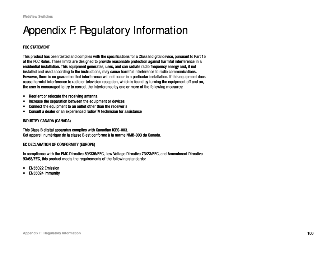 Linksys SRW248G4, SRW2048, SRW224G4, SRW2016 manual Appendix F Regulatory Information 