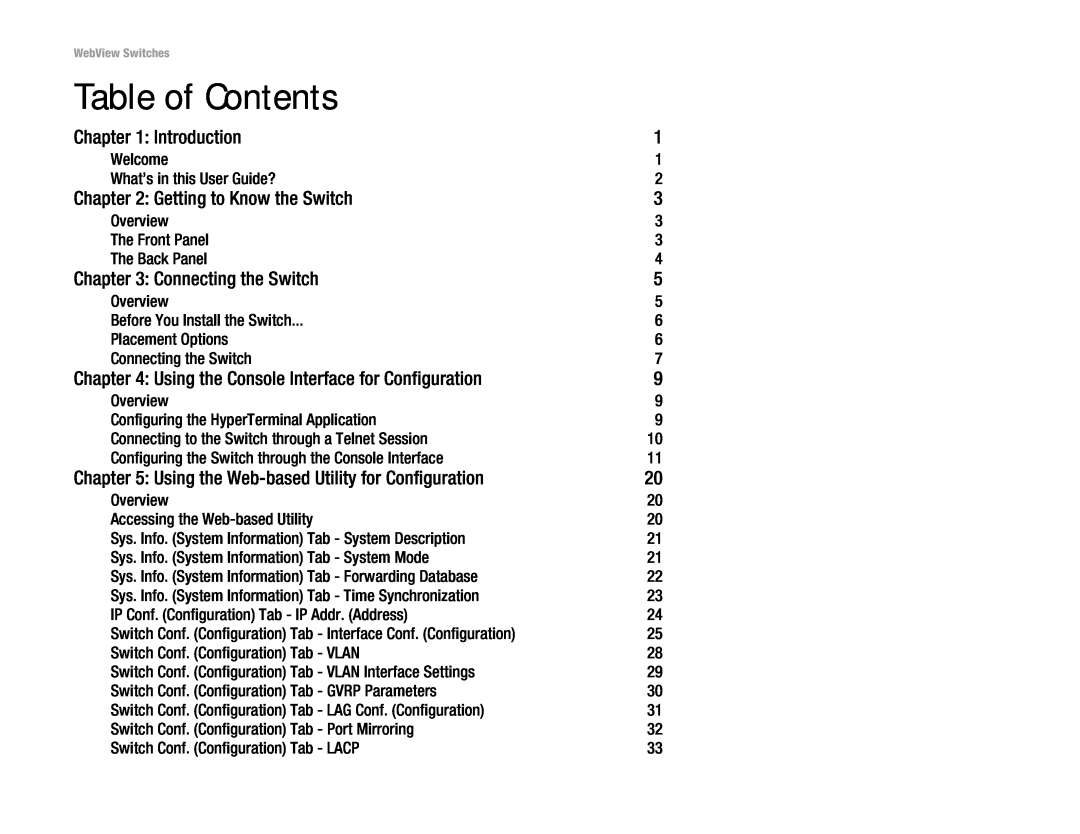 Linksys SRW2016, SRW248G4, SRW2048 manual Table of Contents, Introduction, Getting to Know the Switch, Connecting the Switch 