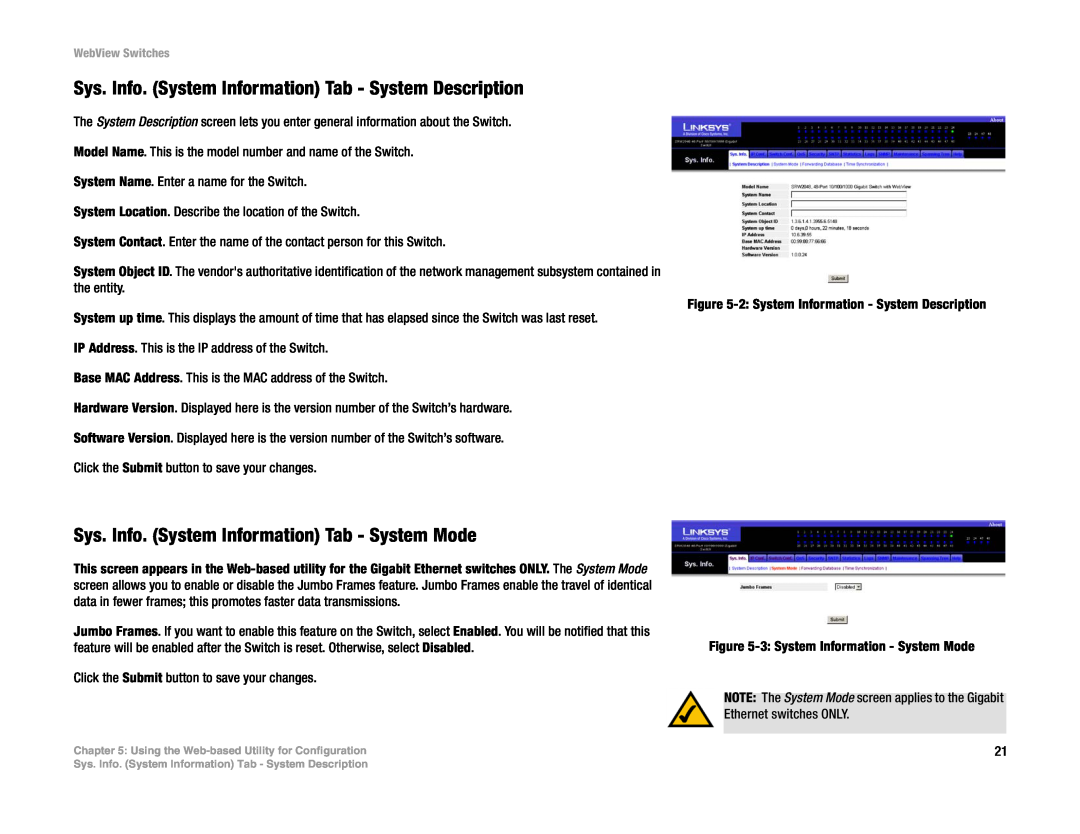 Linksys SRW2016 Sys. Info. System Information Tab - System Description, Sys. Info. System Information Tab - System Mode 