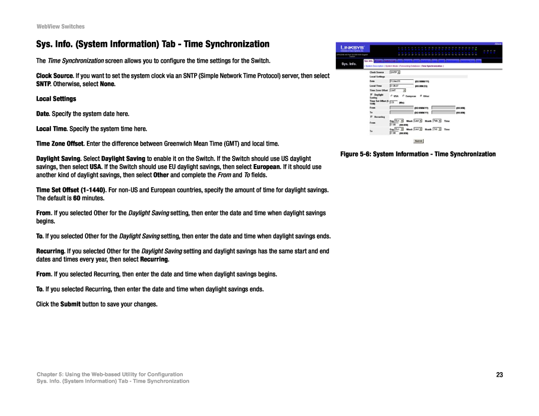 Linksys SRW2048, SRW248G4, SRW224G4, SRW2016 manual Sys. Info. System Information Tab - Time Synchronization 