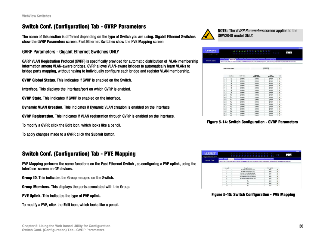Linksys SRW248G4, SRW2048 Switch Conf. Configuration Tab - GVRP Parameters, Switch Conf. Configuration Tab - PVE Mapping 