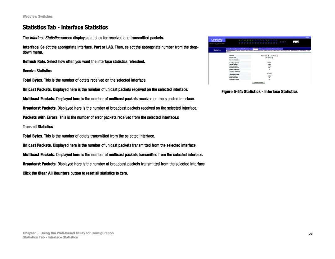 Linksys SRW248G4, SRW2048, SRW224G4, SRW2016 manual Statistics Tab - Interface Statistics 