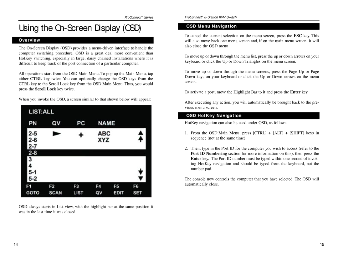 Linksys SVIEW08 v2 manual Using the On-Screen Display OSD, Overview, OSD Menu Navigation, OSD HotKey Navigation 