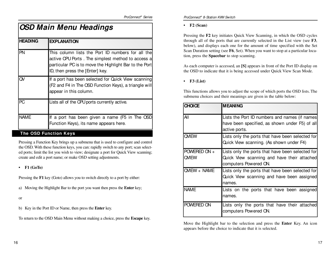 Linksys SVIEW08 v2 manual Heading Explanation, Choice Meaning, Qview + Name, Powered on 