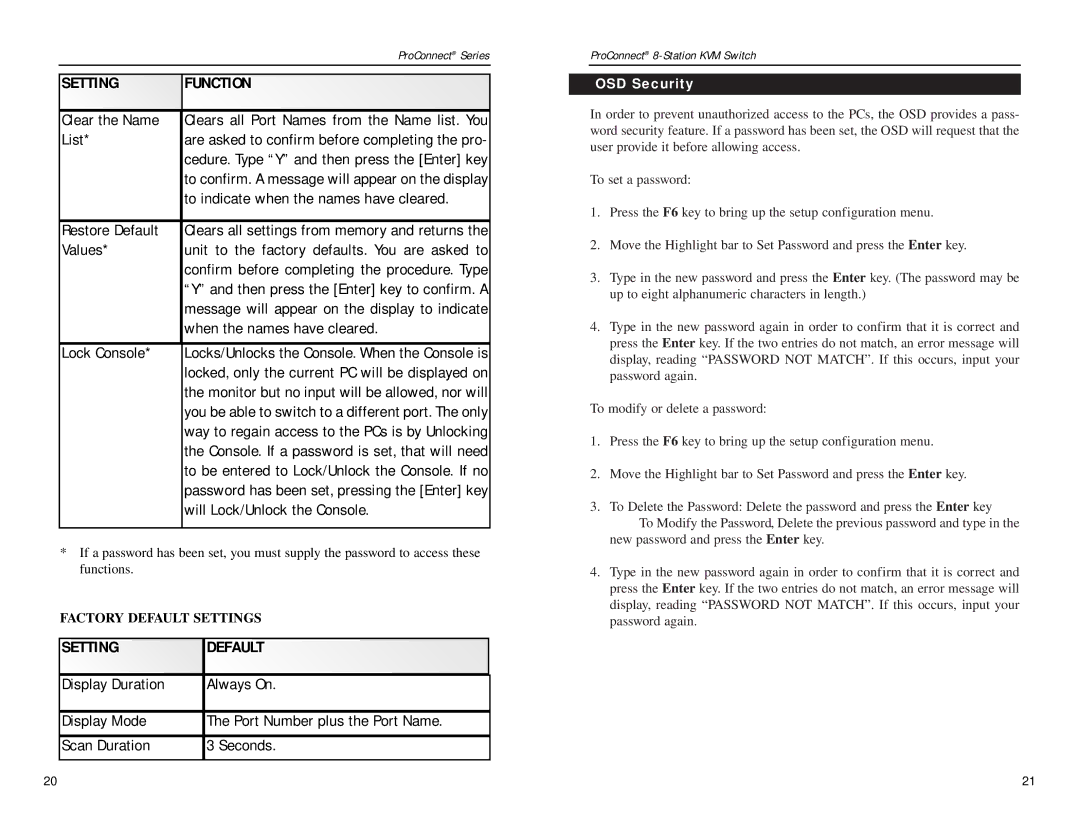 Linksys SVIEW08 v2 manual Setting Default, OSD Security 