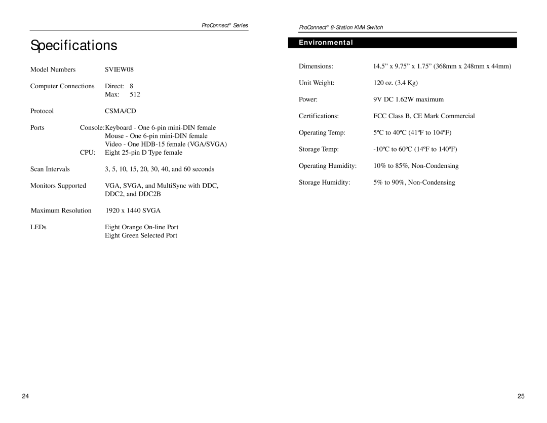 Linksys SVIEW08 v2 manual Specifications, Environmental 