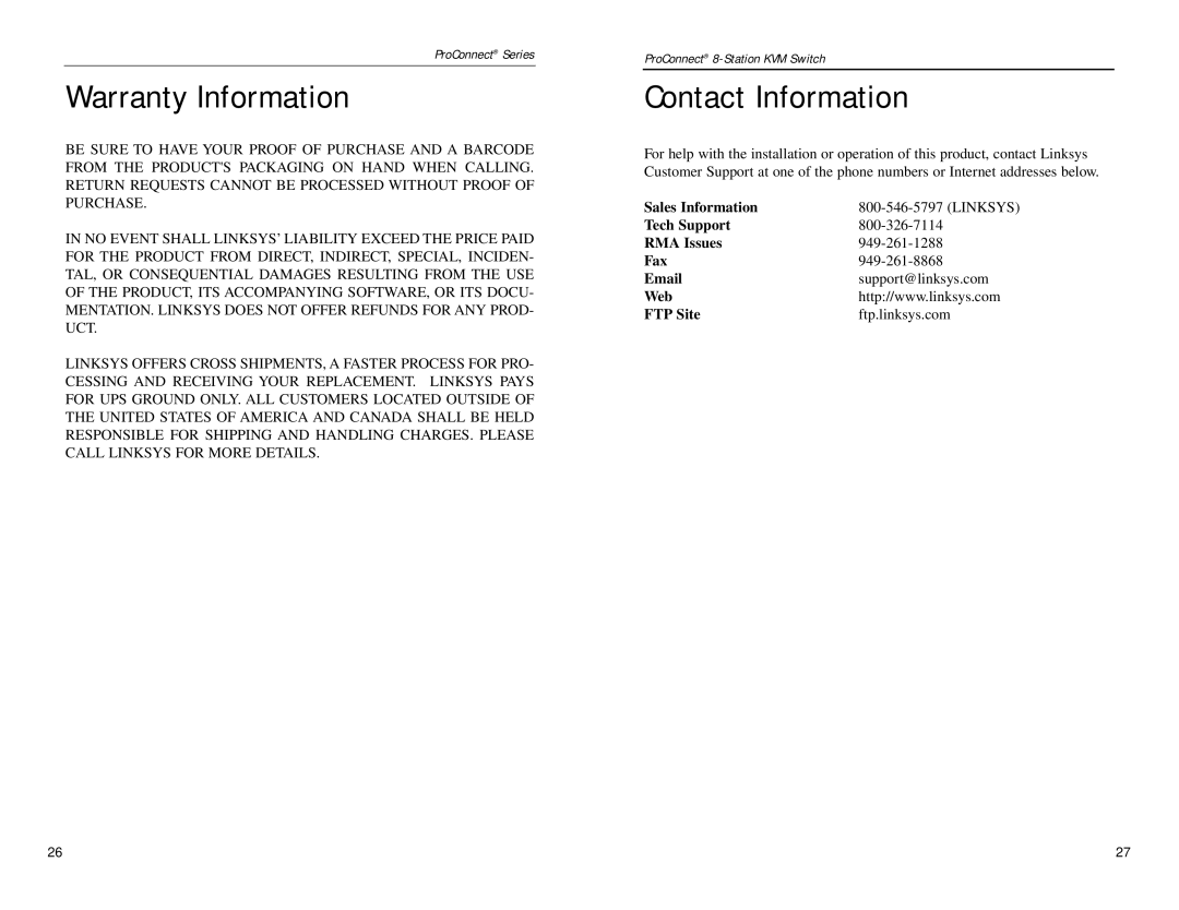 Linksys SVIEW08 v2 Warranty Information, Contact Information, Sales Information, Tech Support RMA Issues Fax, Web FTP Site 