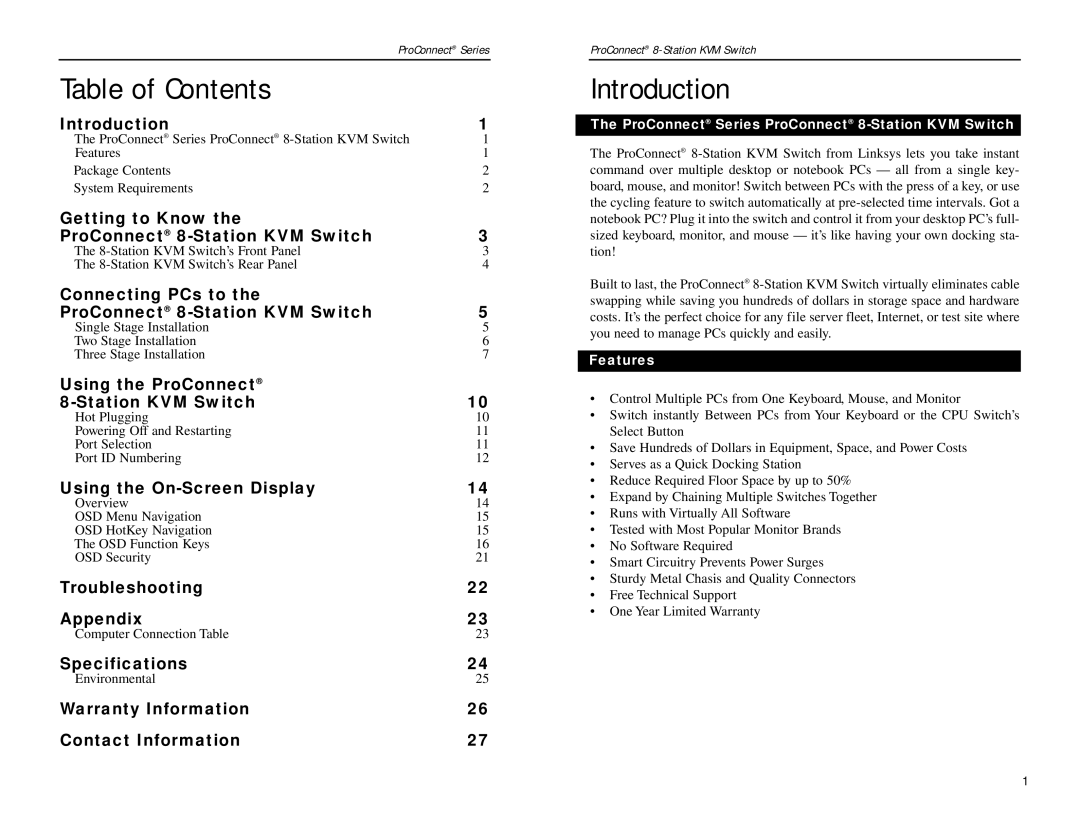 Linksys SVIEW08 v2 manual Table of Contents, Introduction 