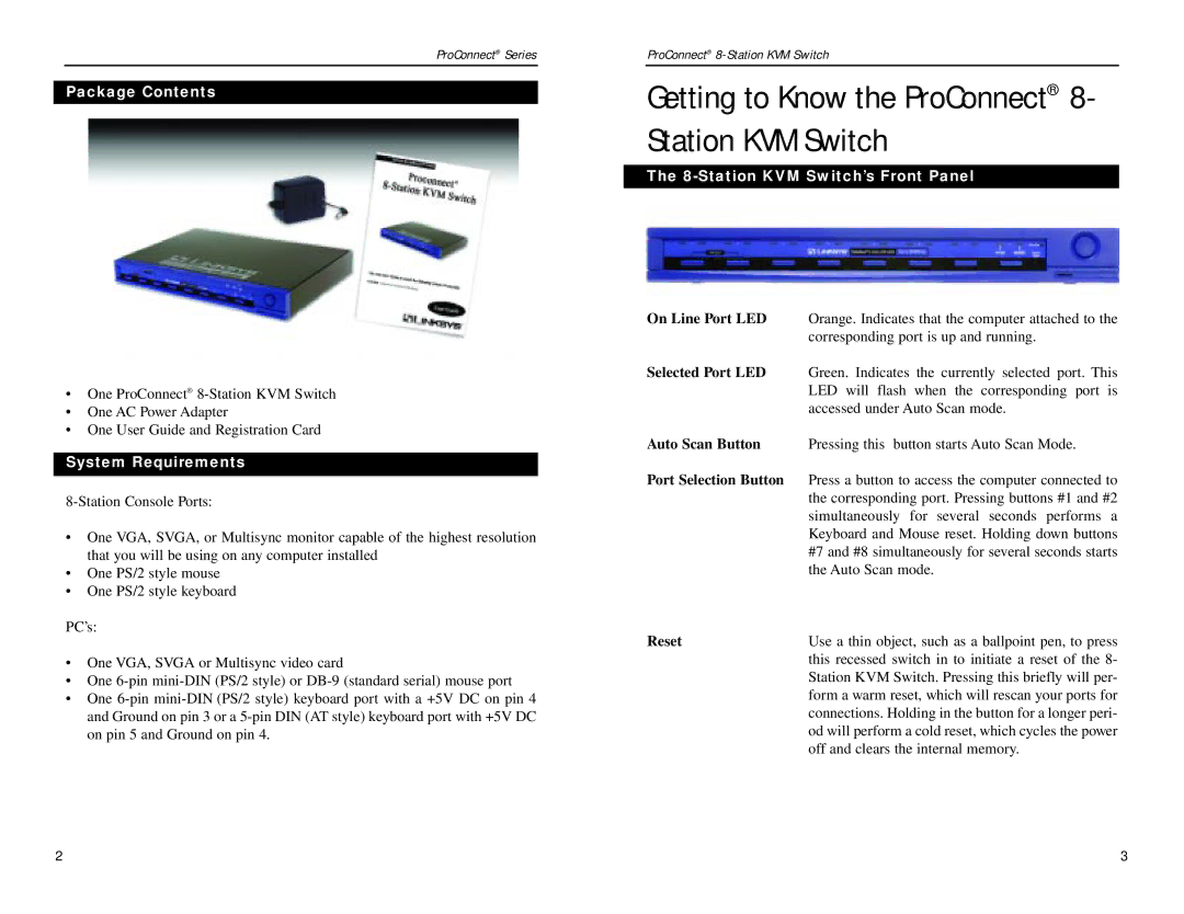 Linksys SVIEW08 v2 manual Package Contents, System Requirements, Station KVM Switch’s Front Panel 