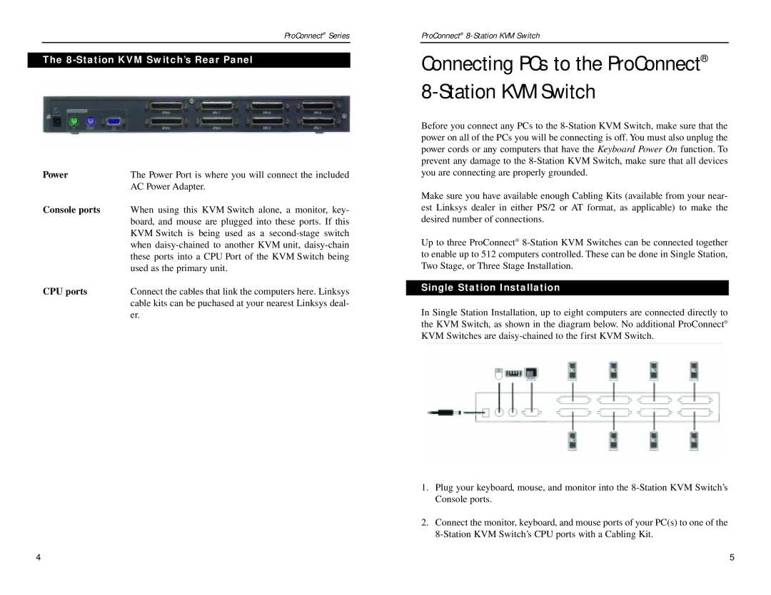 Linksys SVIEW08 v2 manual Station KVM Switch’s Rear Panel, Power, Console ports, CPU ports, Single Station Installation 