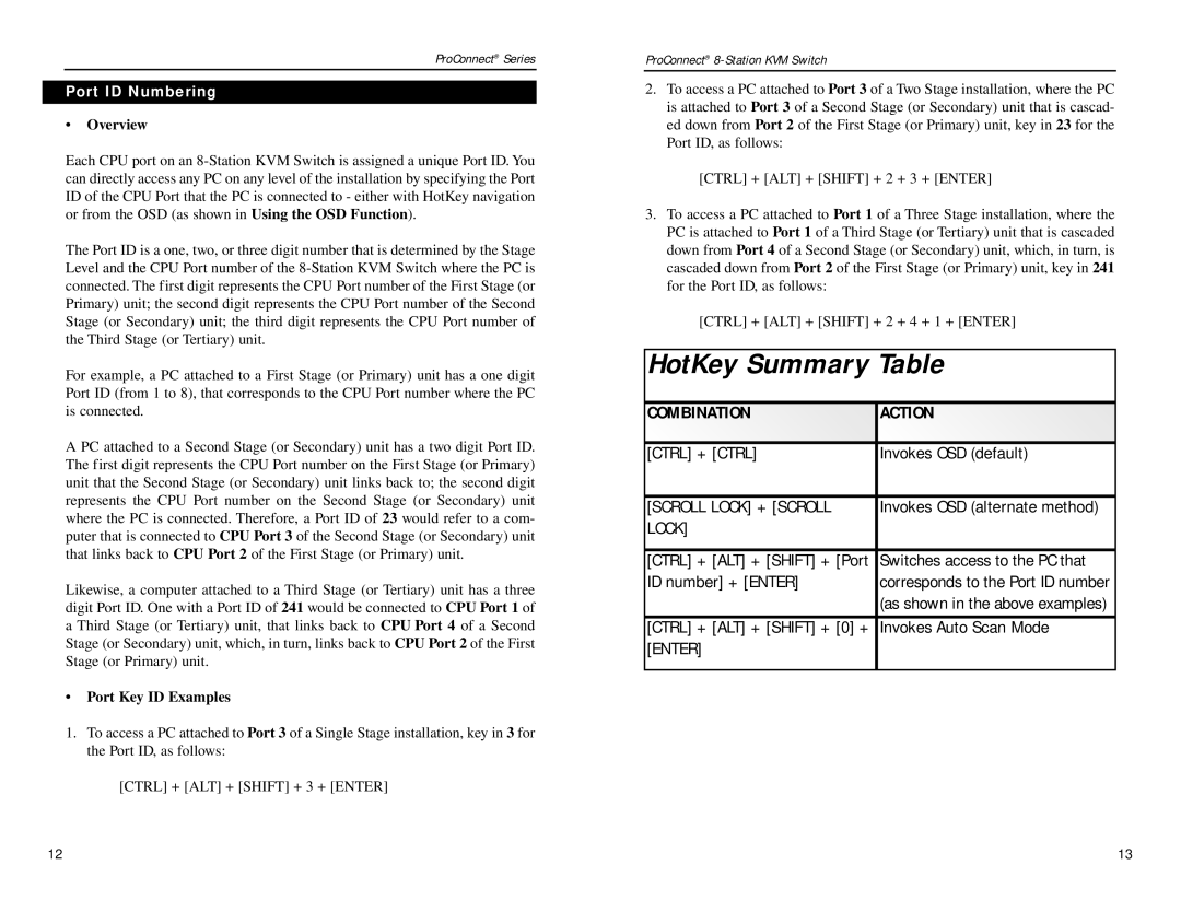 Linksys SVIEW08 v2 manual Combination Action Ctrl + Ctrl, Scroll Lock + Scroll, Enter, Port ID Numbering 