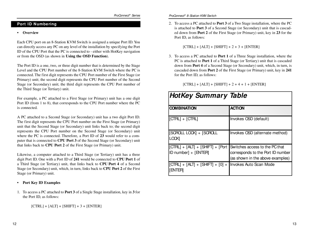 Linksys SVIEW08 v2 HotKey Summary Table, Invokes OSD alternate method, Switches access to the PC that, Port ID Numbering 