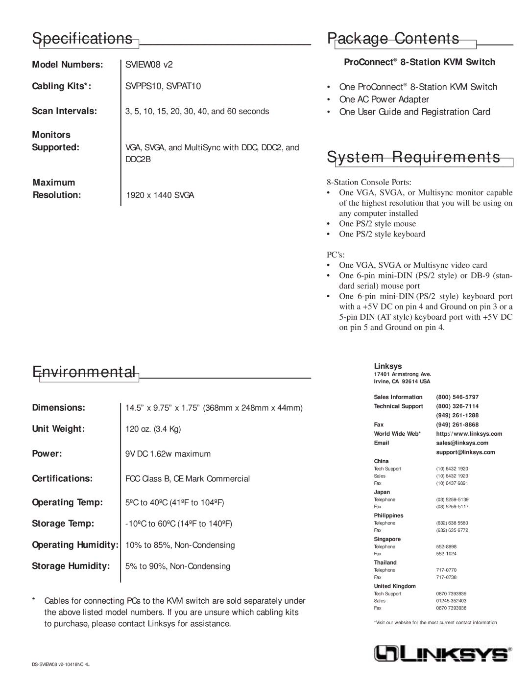 Linksys SVPPS10, SVPAT10 warranty Specifications Package Contents, System Requirements, Environmental 