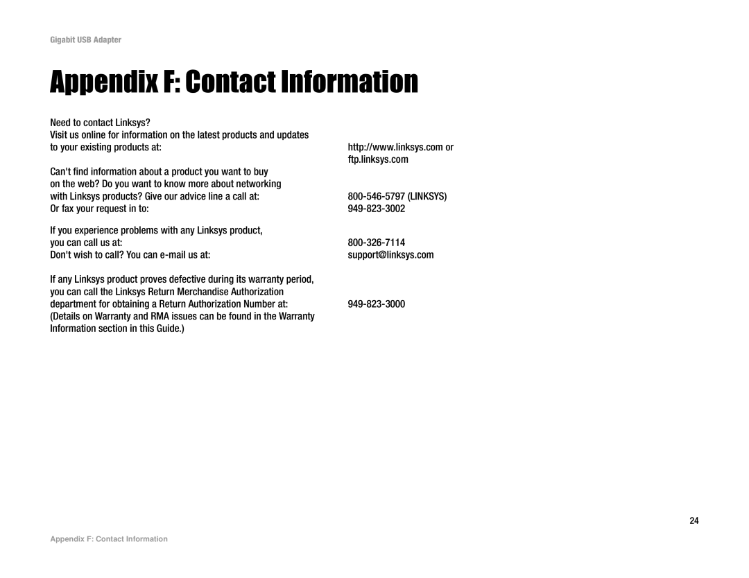 Linksys USB1000 manual Appendix F Contact Information 