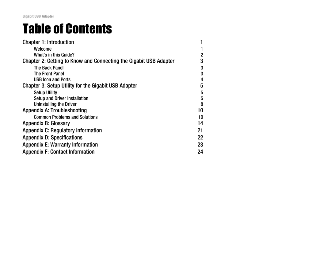 Linksys USB1000 manual Table of Contents 