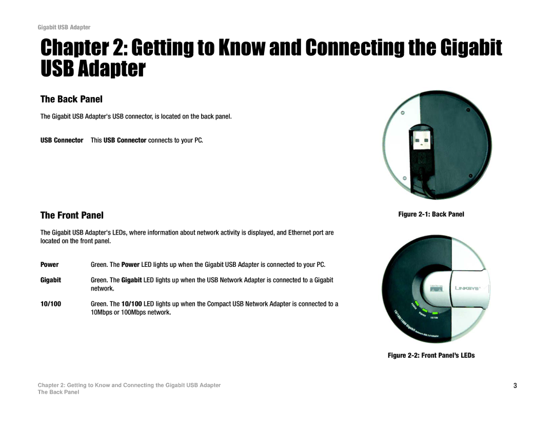 Linksys USB1000 manual Getting to Know and Connecting the Gigabit USB Adapter, Front Panel 