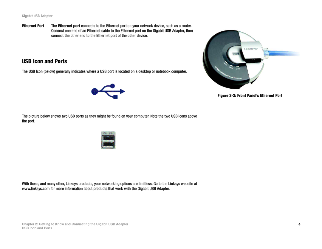 Linksys USB1000 manual USB Icon and Ports 