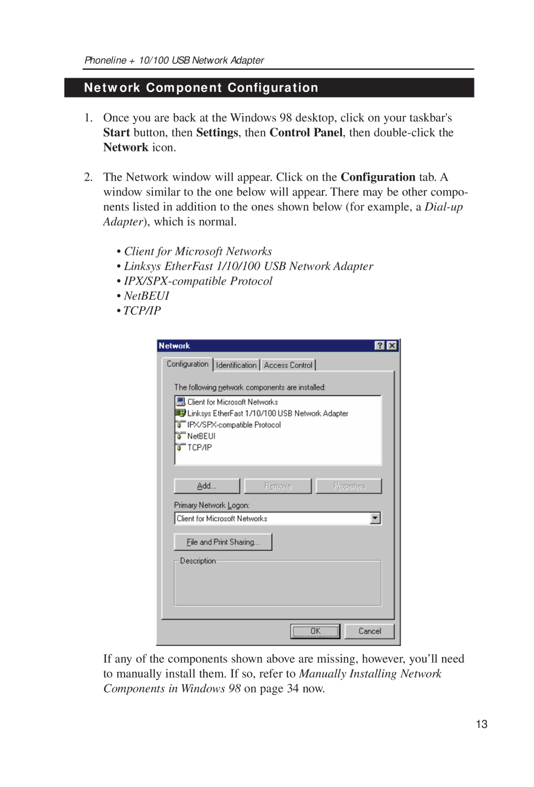 Linksys USB100H1 manual Network Component Configuration, Tcp/Ip 